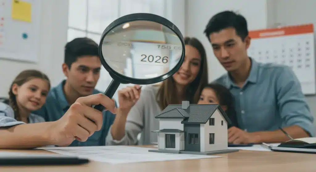 Homebuyers reviewing new mortgage lending standards for 2026 with a financial advisor.