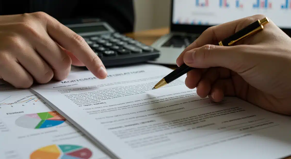 Hand pointing at complex mortgage document details.