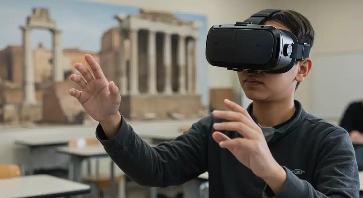 Student immersed in a virtual reality historical learning experience.