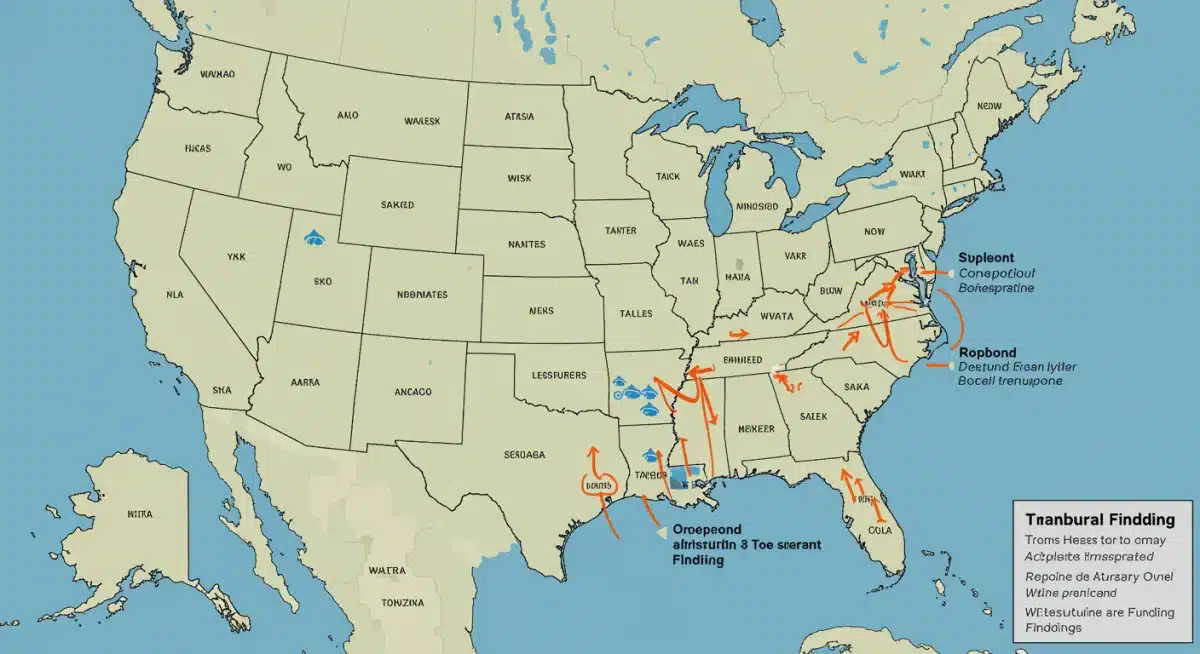 Map of the United States highlighting states benefiting from infrastructure funding