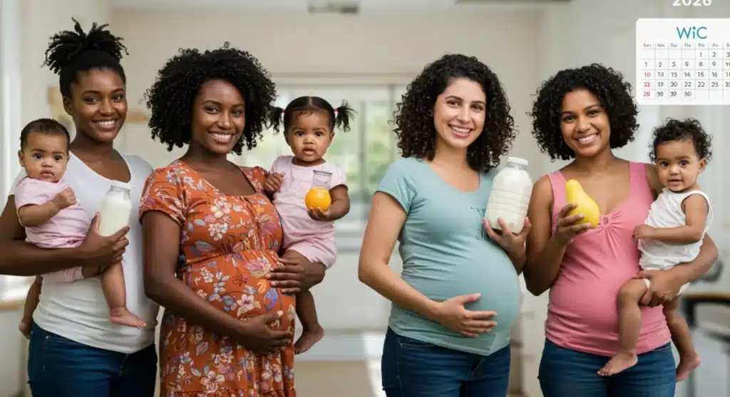 Smiling mothers and children with healthy food, representing WIC benefits 2026