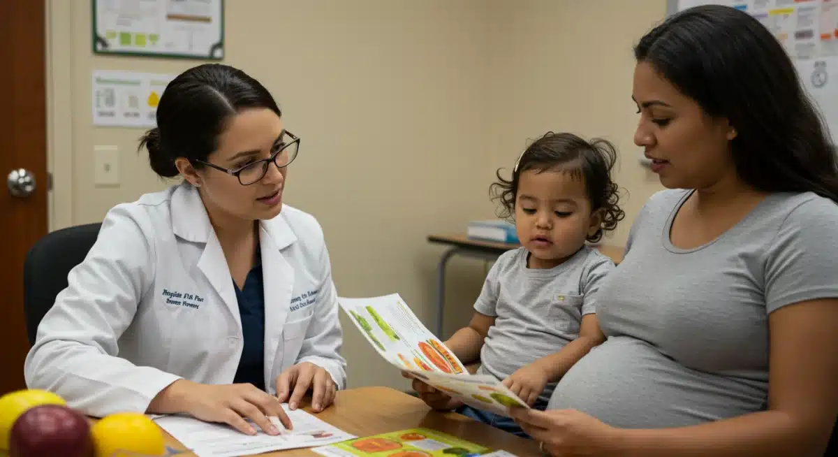 WIC counselor providing nutritional guidance to a pregnant woman and child
