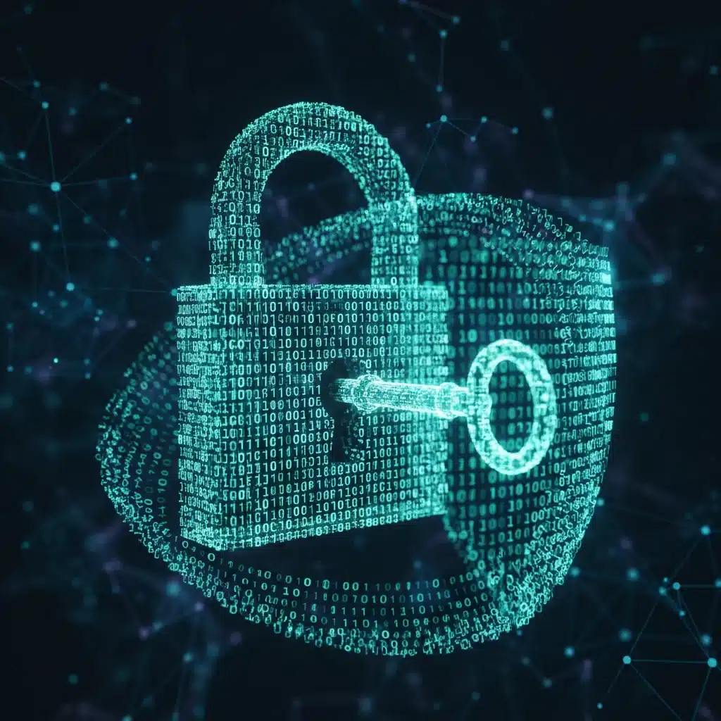 Data encryption and cybersecurity measures represented by binary code lock and key