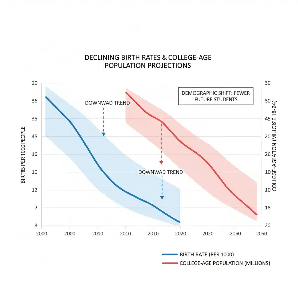 Graph illustrating declining birth rates, influencing future college enrollment demographics.