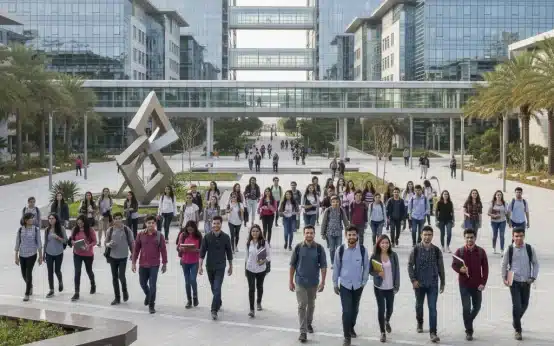 Diverse students on a modern university campus, representing future higher education enrollment.