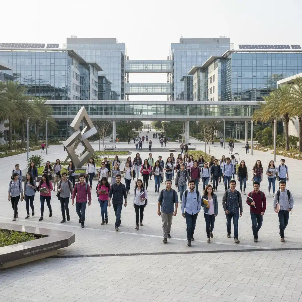 Diverse students on a modern university campus, representing future higher education enrollment.