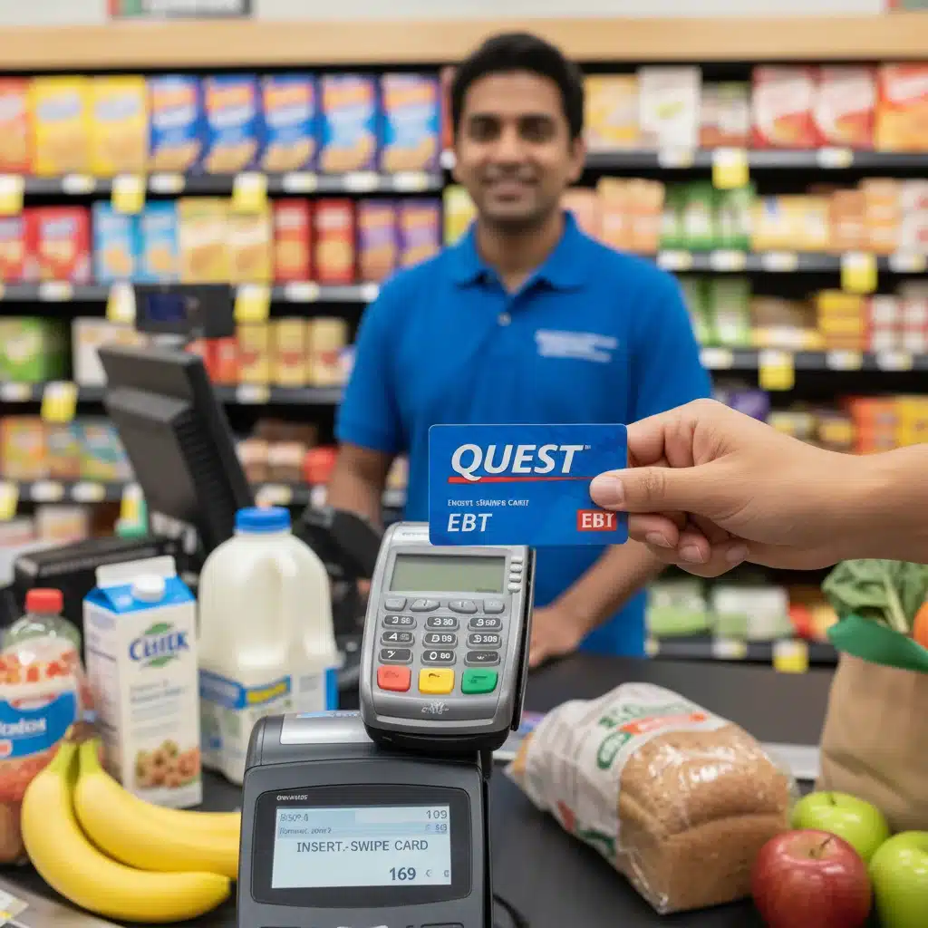 EBT card being swiped at grocery store checkout