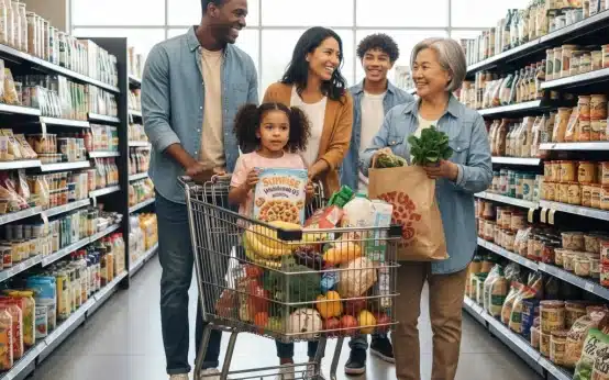 Family grocery shopping with full cart, symbolizing food security and SNAP benefits