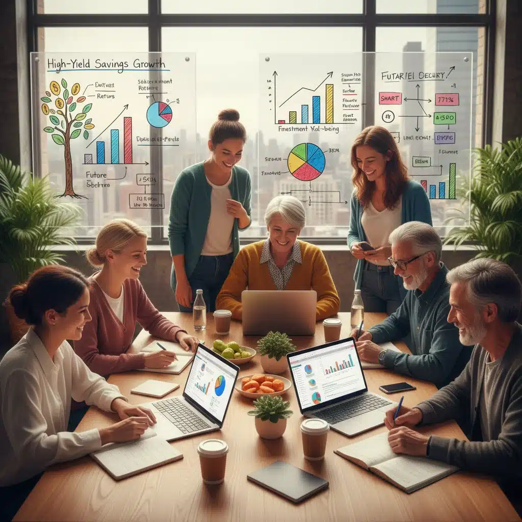 People discussing financial planning with high-yield savings