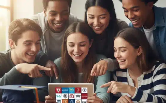 High school students preparing for 2026 college admissions, looking at college information on a tablet.