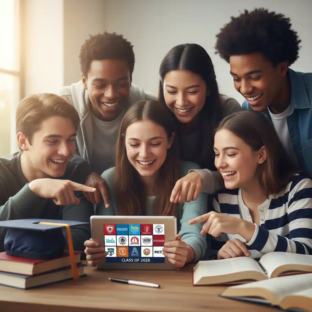 High school students preparing for 2026 college admissions, looking at college information on a tablet.