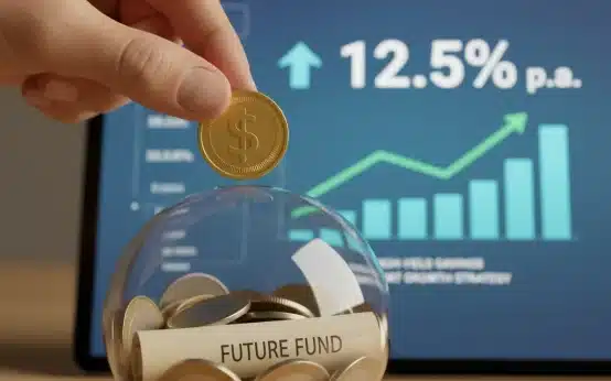 Hand depositing coin into piggy bank, high-yield savings