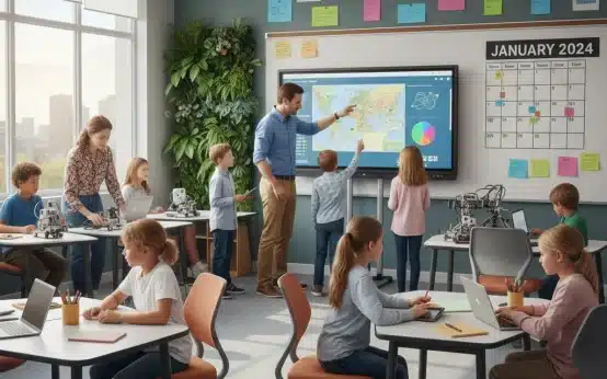 Students and teacher in modern classroom with 'January' highlighted on calendar.