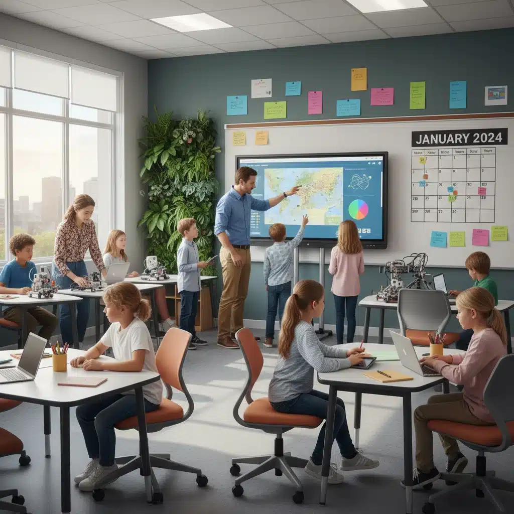 Students and teacher in modern classroom with 'January' highlighted on calendar.