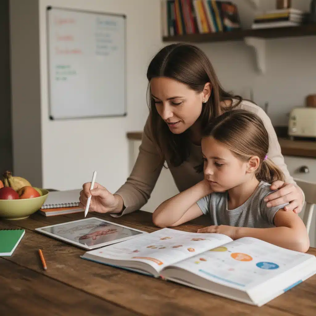 Parent and child studying together at home.