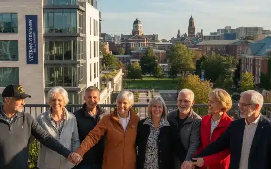 Smiling veterans, diverse group, shaking hands in front of modern housing and a university, symbolizing new benefits.