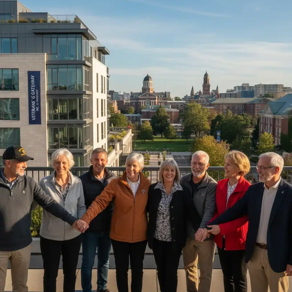 Smiling veterans, diverse group, shaking hands in front of modern housing and a university, symbolizing new benefits.