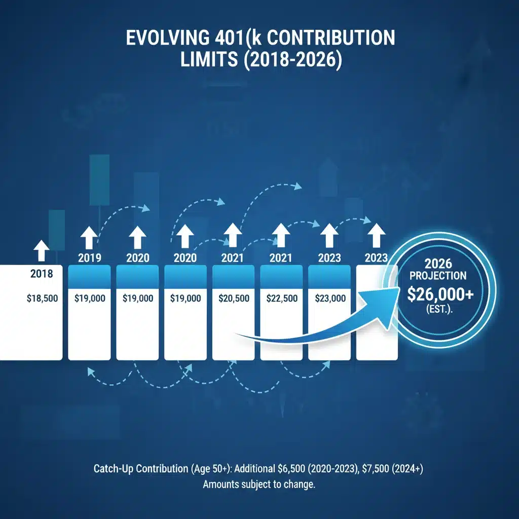 Infographic illustrating the historical and projected increase of 401(k) contribution limits.