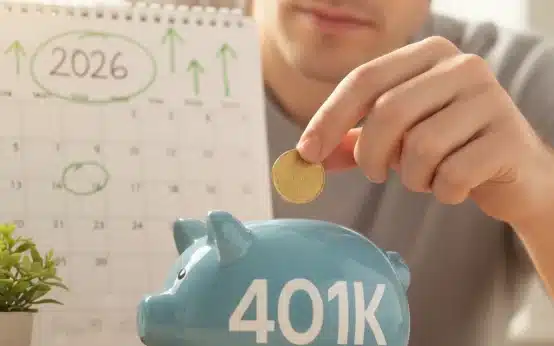 Piggy bank with 401k label and 2026 calendar, representing retirement savings planning.