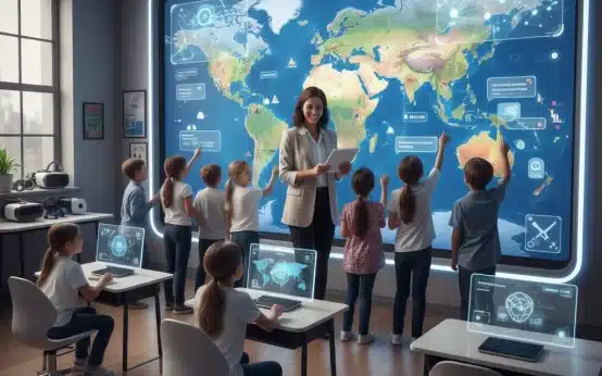 Students and teacher engaging with AI-powered interactive screen in a modern U.S. classroom.