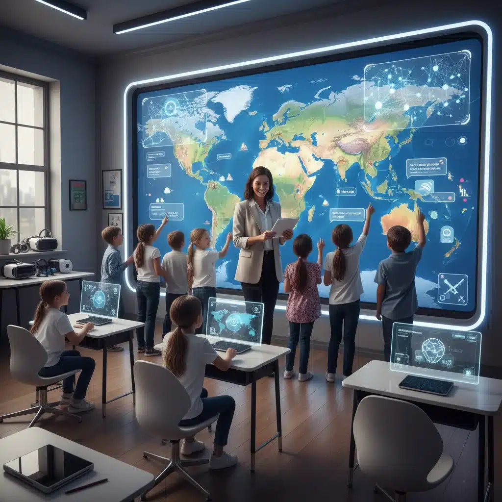 Students and teacher engaging with AI-powered interactive screen in a modern U.S. classroom.