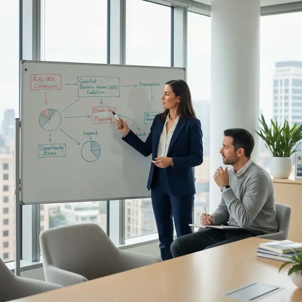 Financial advisor explaining tax strategies to a small business owner with whiteboard diagrams.