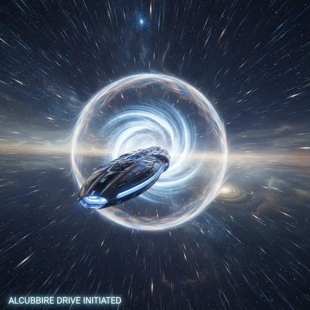 Artist's impression of a futuristic starship utilizing advanced propulsion, like a warp drive, for interstellar travel.