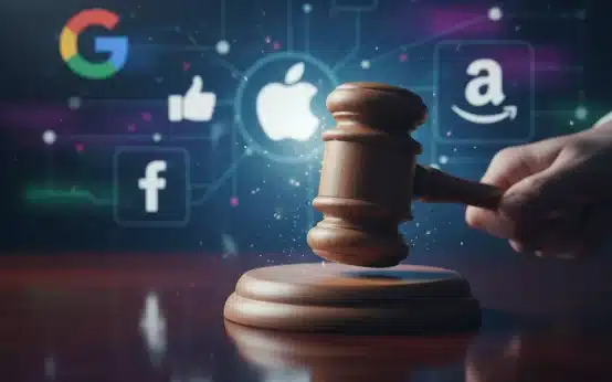 Gavel on desk with digital network background, representing legal action against tech monopolies.