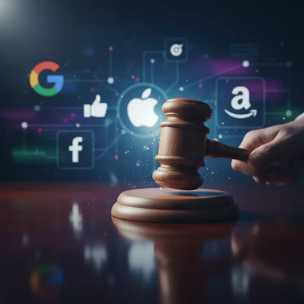 Gavel on desk with digital network background, representing legal action against tech monopolies.
