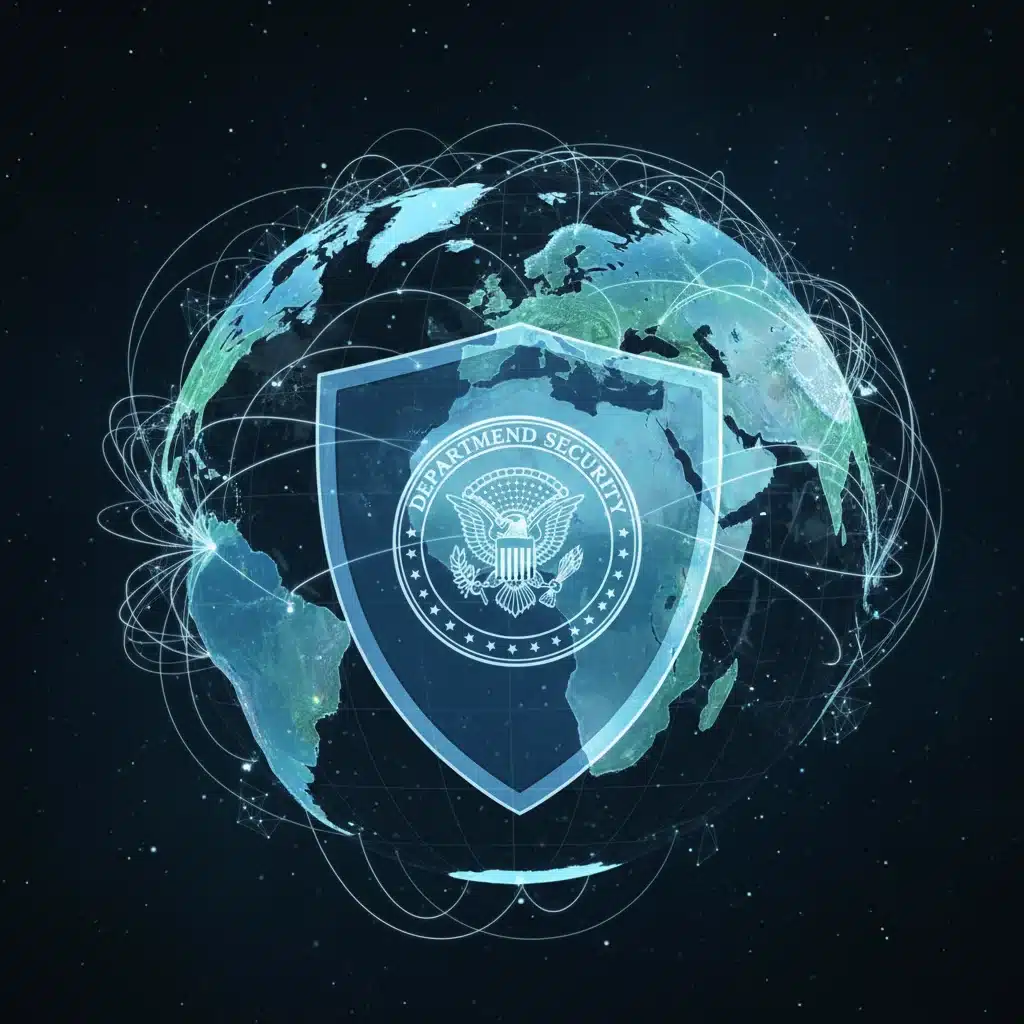 Global security shield with travel routes, representing Homeland Security travel advisories.