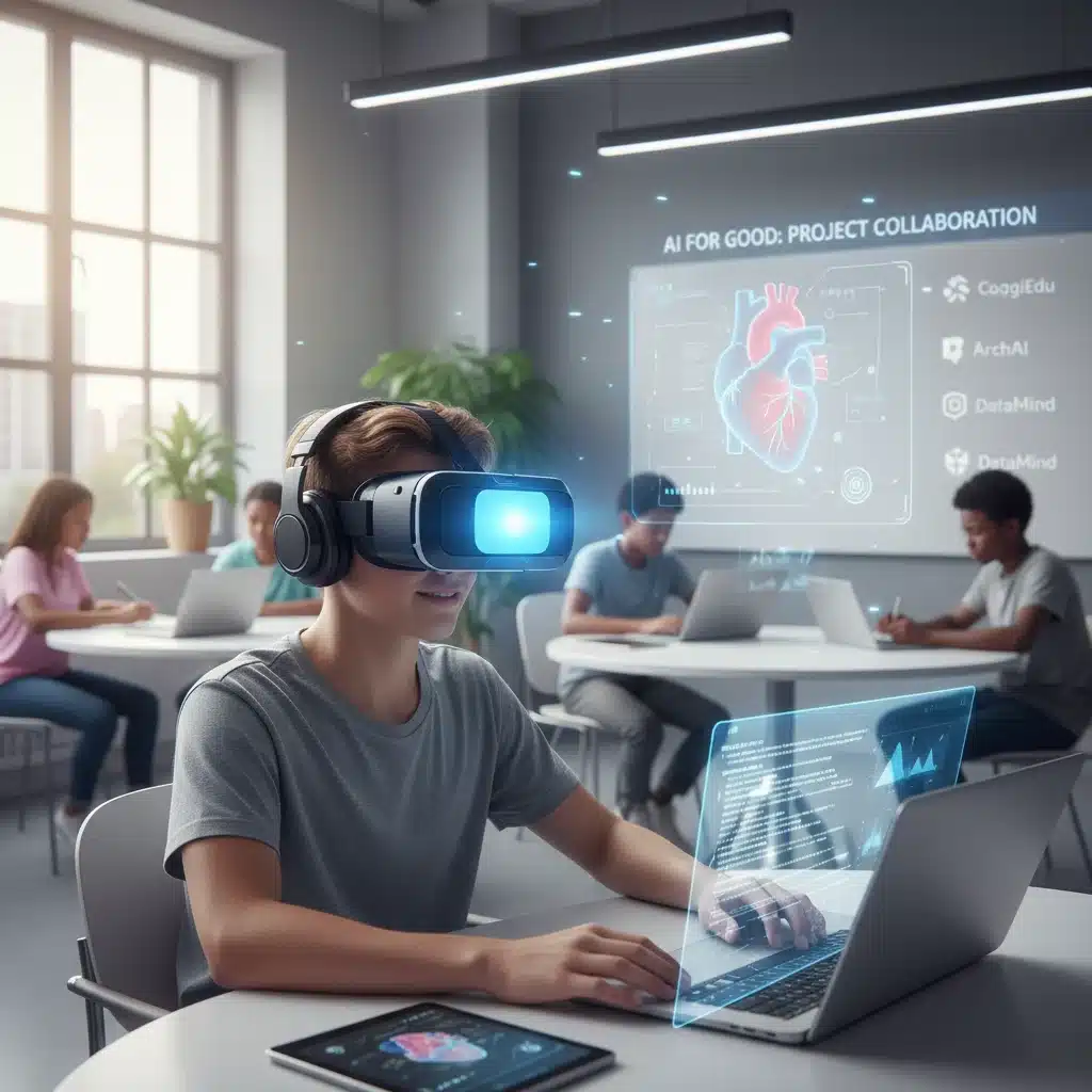 High school student engaged in an AI-powered virtual reality educational simulation.
