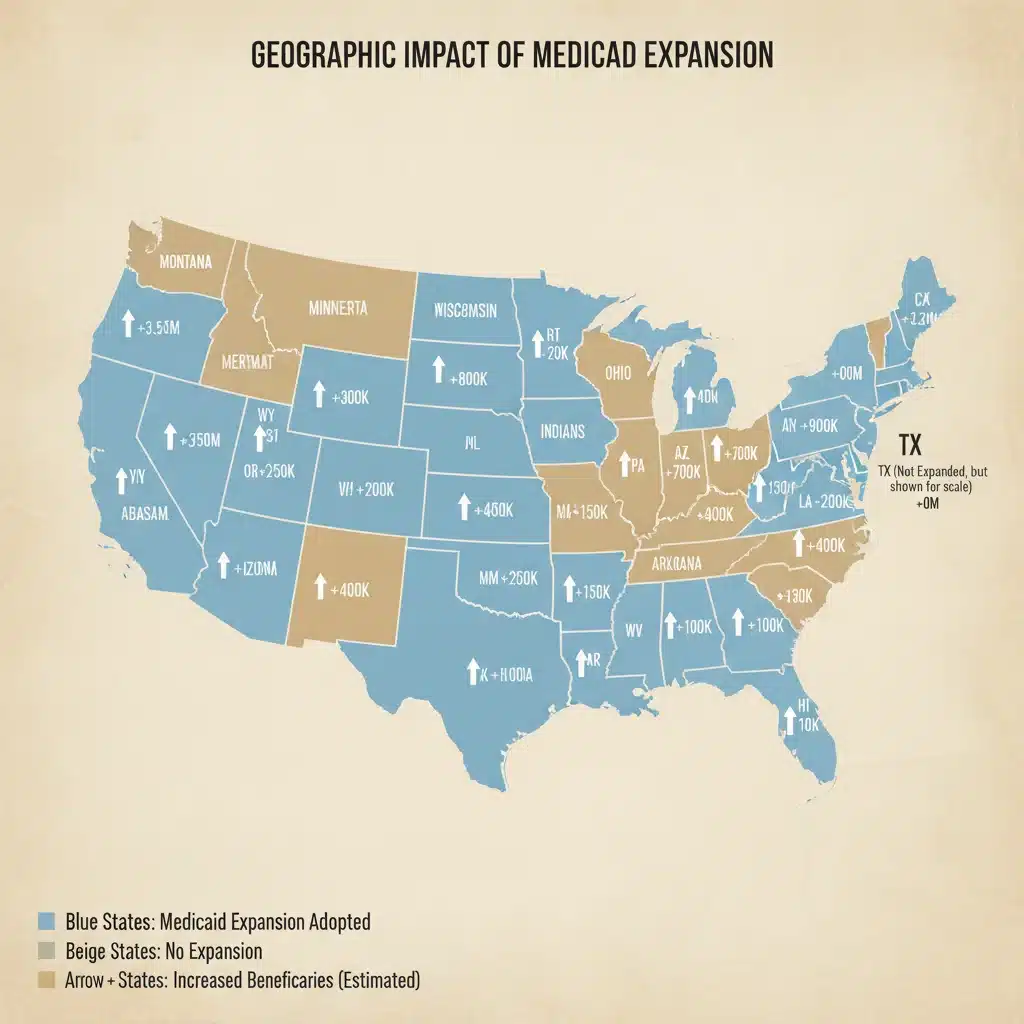 US map showing states with Medicaid expansion and increased beneficiaries
