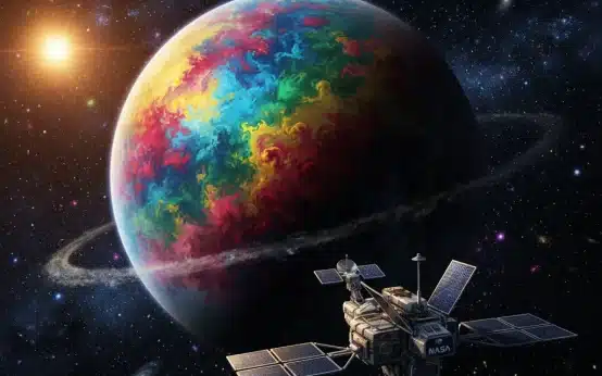 Artistic rendering of a newly discovered exoplanet with unusual atmosphere and distant star, observed by a NASA probe.
