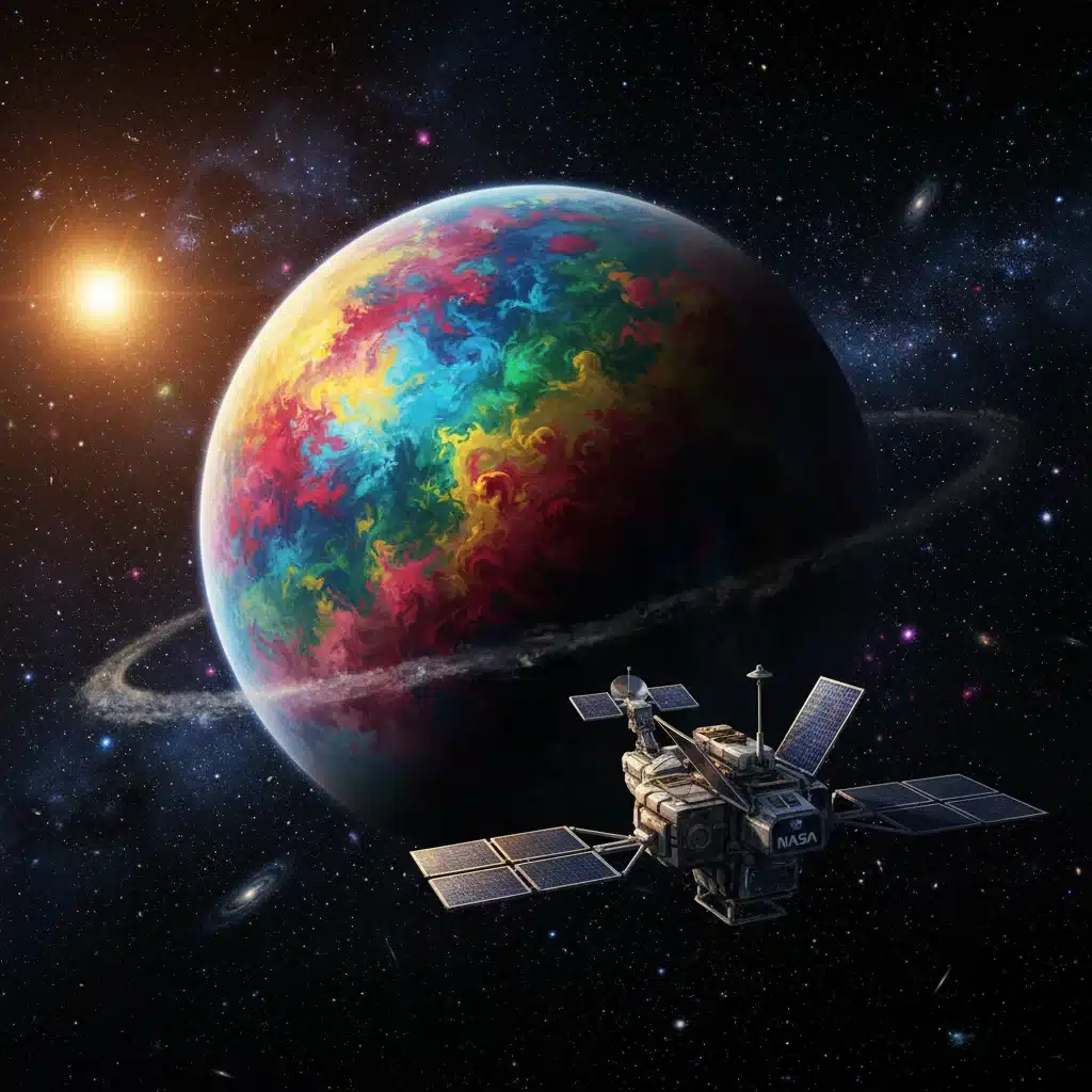 Artistic rendering of a newly discovered exoplanet with unusual atmosphere and distant star, observed by a NASA probe.