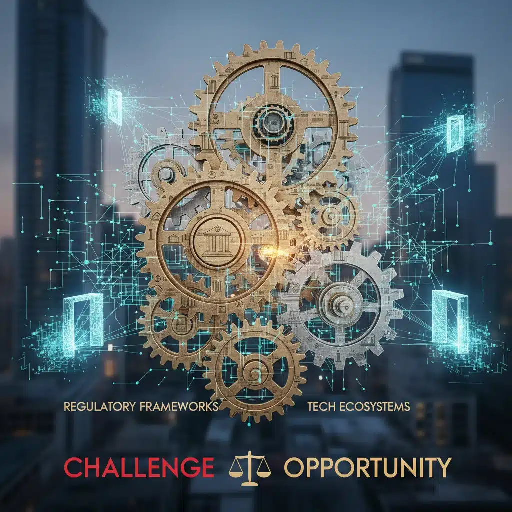 Complex gears and digital nodes illustrating regulatory challenges in tech.