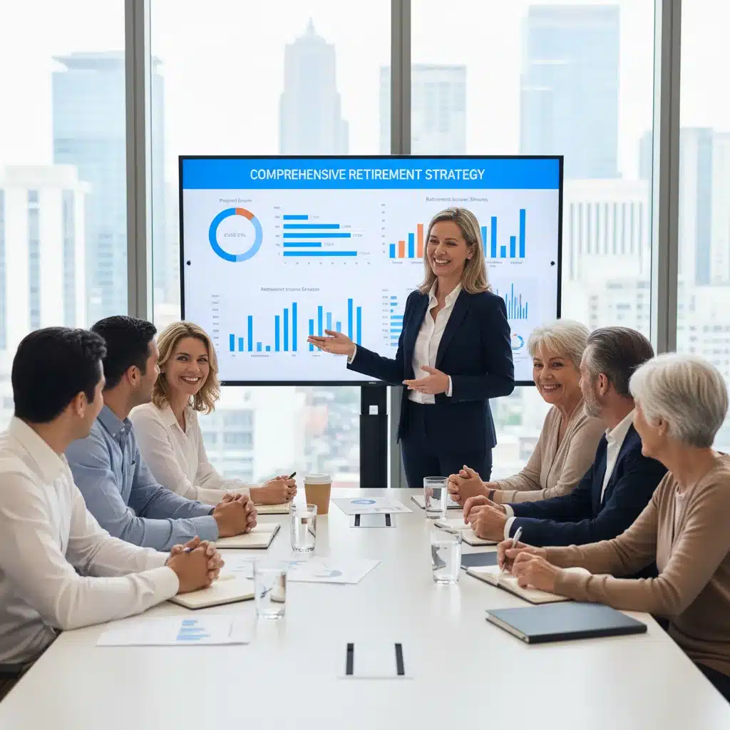 Diverse individuals discussing retirement strategies with a financial advisor.