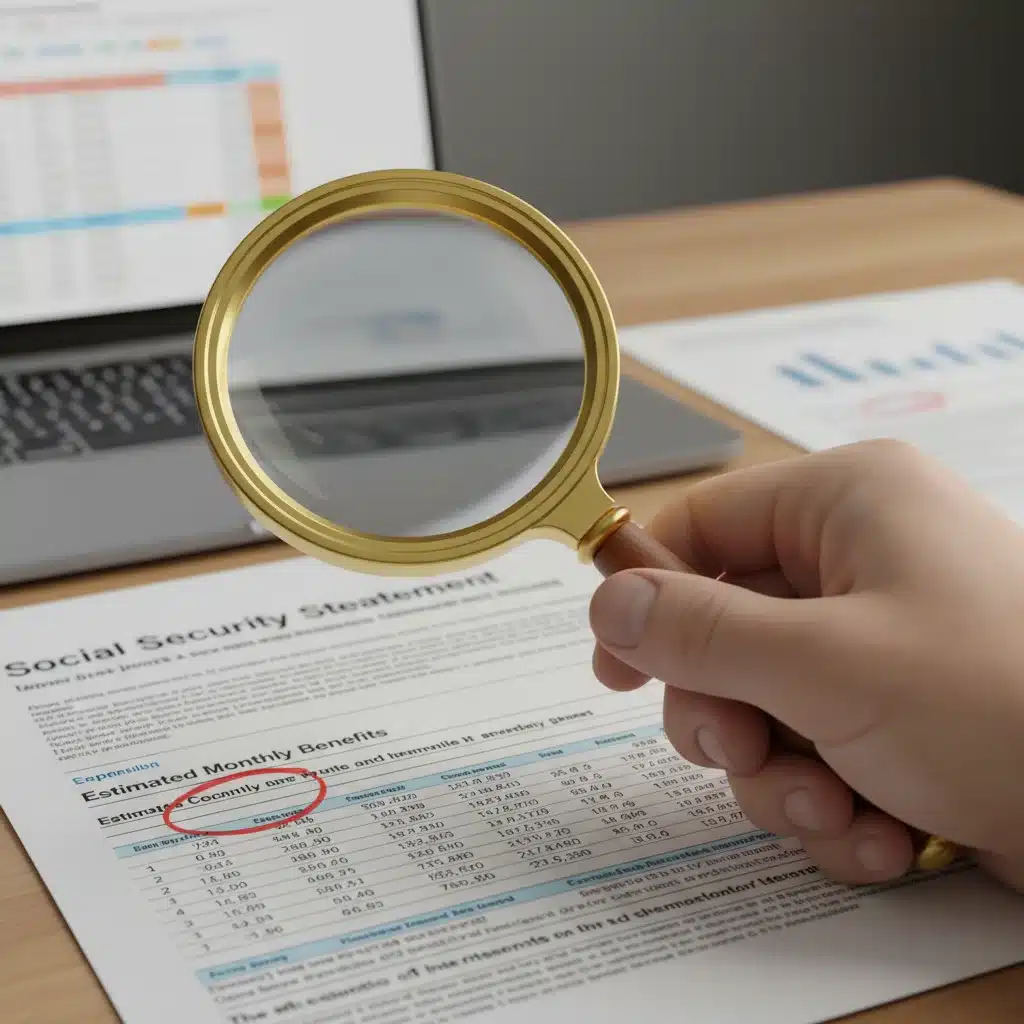 Magnifying glass over Social Security statement for benefit review