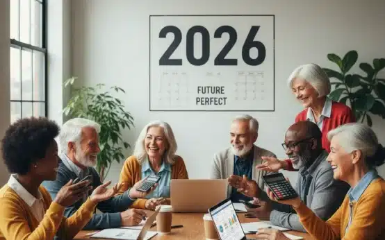 Seniors happily planning retirement finances for 2026 Social Security