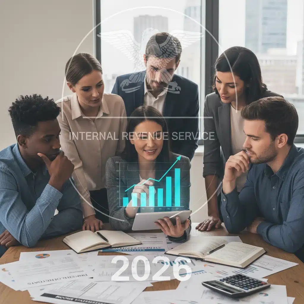 Small business owners reviewing 2026 IRS tax code changes on a tablet with financial documents.