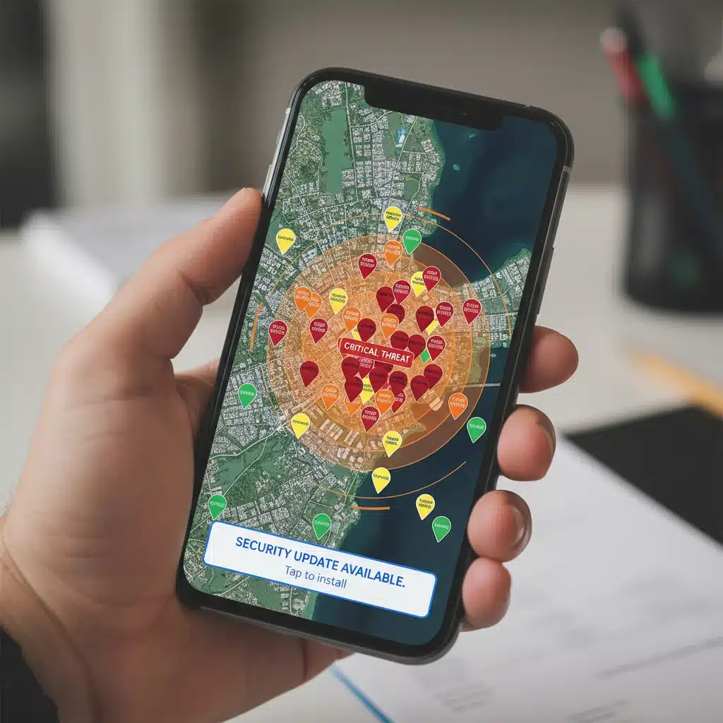 Smartphone displaying travel advisory map with threat levels and security updates.