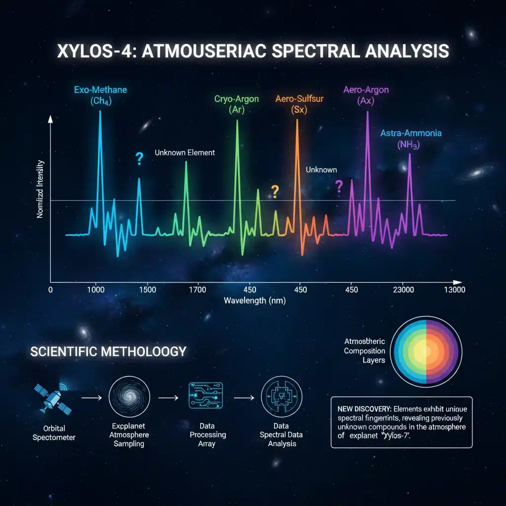 Infographic showing spectral analysis data of new atmospheric elements, detailing scientific methodology.