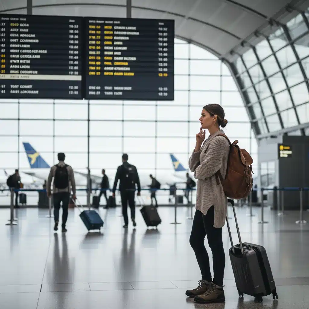 Traveler checking airport departure board, reflecting on travel advisories.