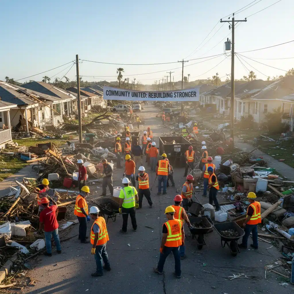 Community members and volunteers clearing storm debris, showcasing collaborative recovery efforts supported by federal aid.