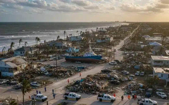 Devastated coastal town after severe storm, showing homes destroyed and debris scattered, symbolizing the need for federal disaster relief.