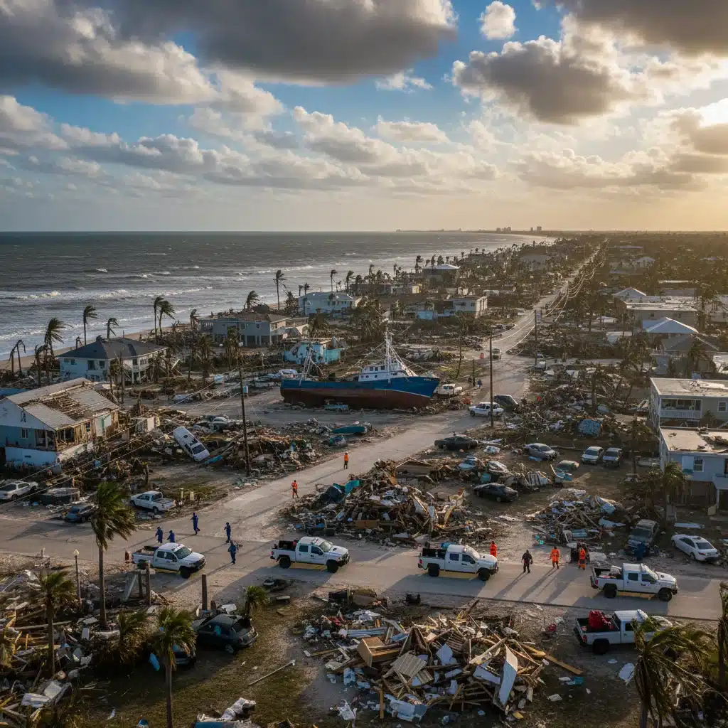 Devastated coastal town after severe storm, showing homes destroyed and debris scattered, symbolizing the need for federal disaster relief.