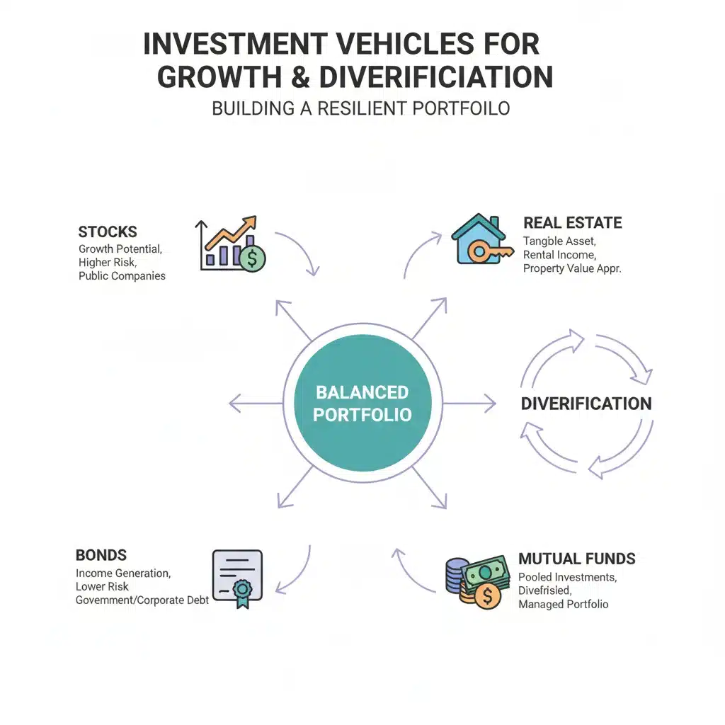 Infographic illustrating diversified investment portfolio for long-term growth.