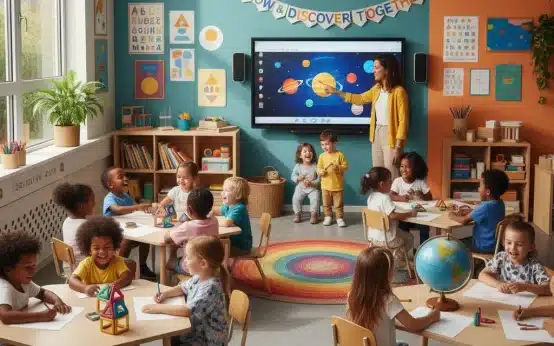 Children learning and playing in a modern early childhood education classroom.