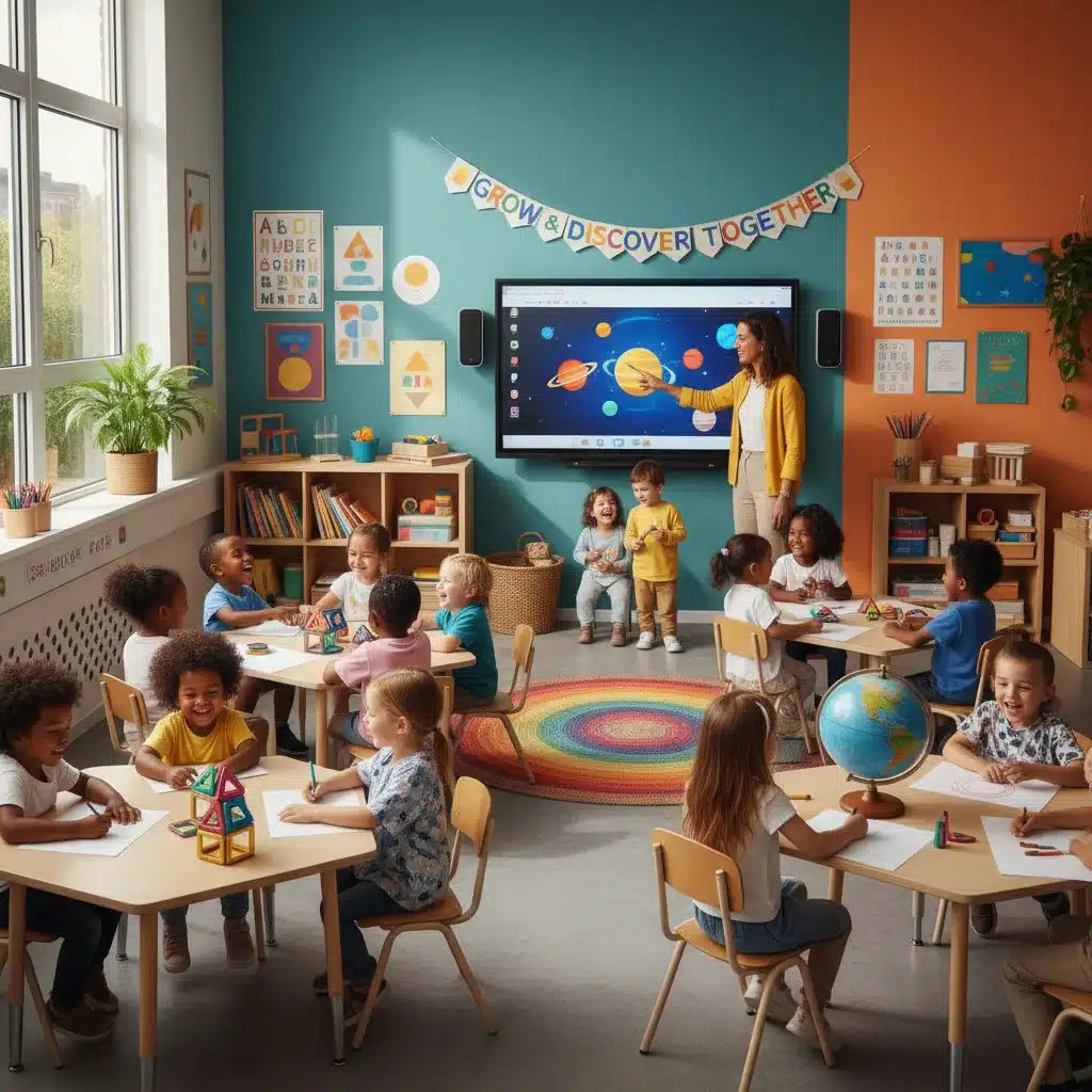 Children learning and playing in a modern early childhood education classroom.