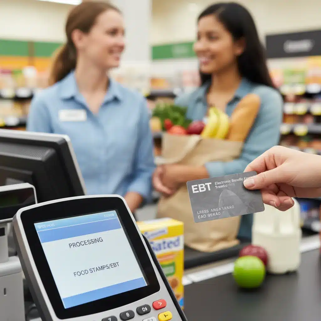 EBT card being swiped at grocery checkout