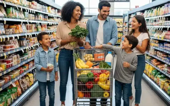 Family shopping with EBT card for healthy groceries